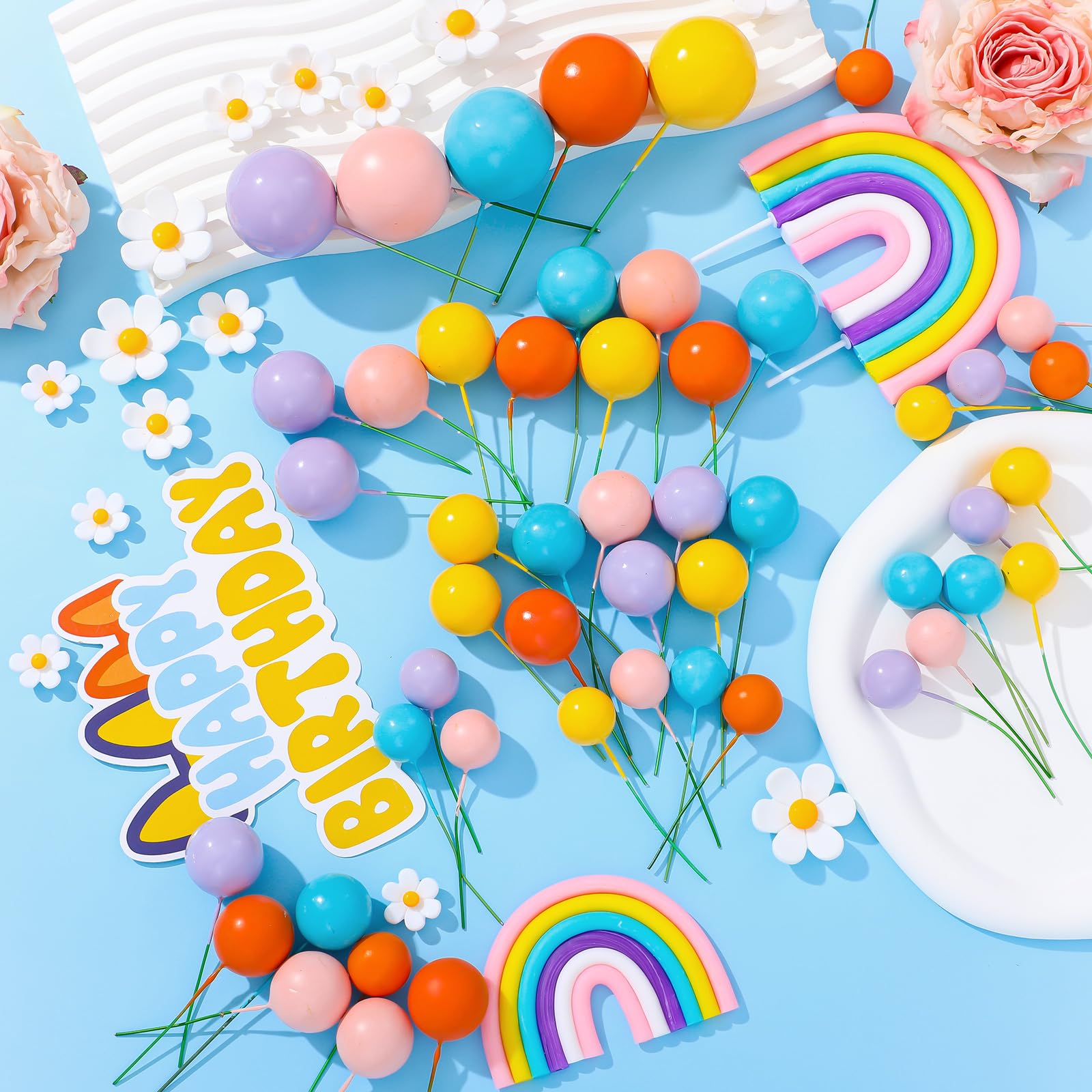 ProSuites 63 Pcs Cake Toppers – Daisy Rainbow, Ball & Dog Ear Set for Parties