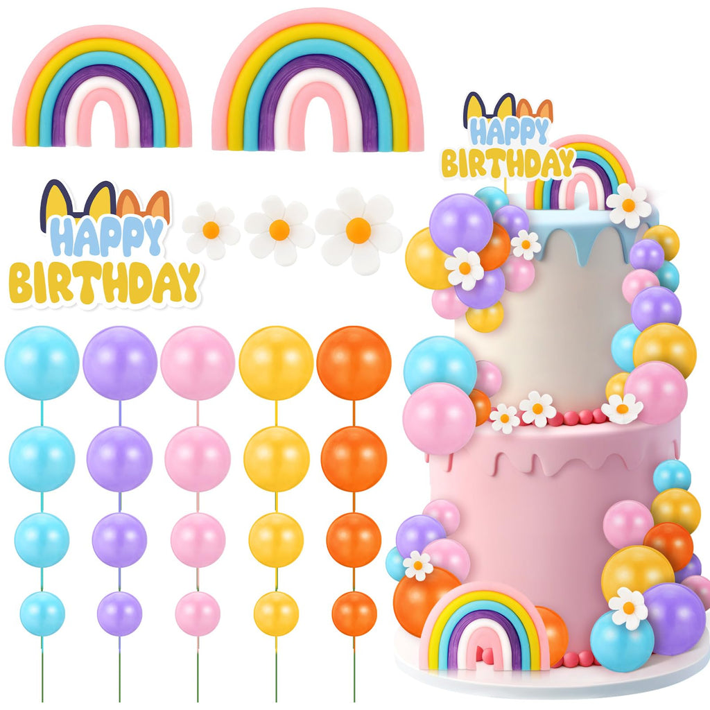 ProSuites 63 Pcs Cake Toppers – Daisy Rainbow, Ball & Dog Ear Set for Parties