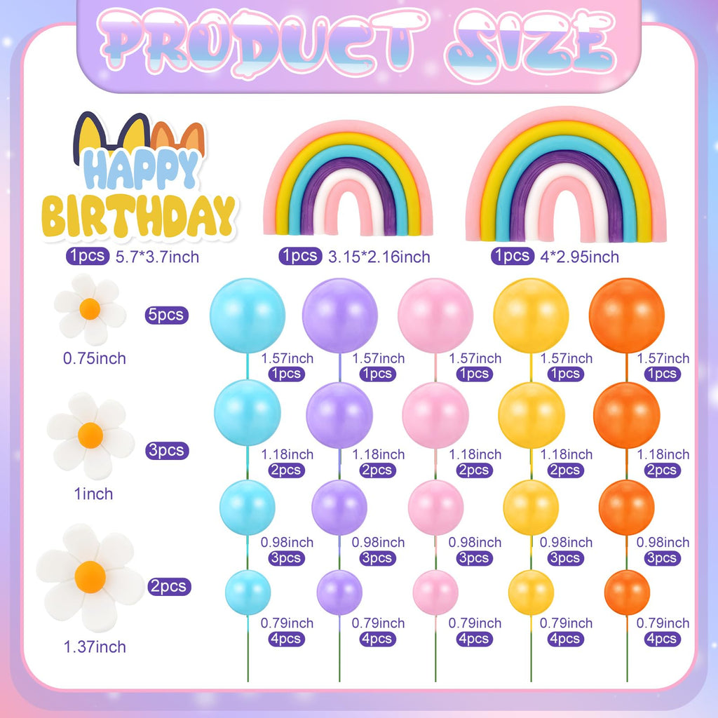 ProSuites 63 Pcs Cake Toppers – Daisy Rainbow, Ball & Dog Ear Set for Parties