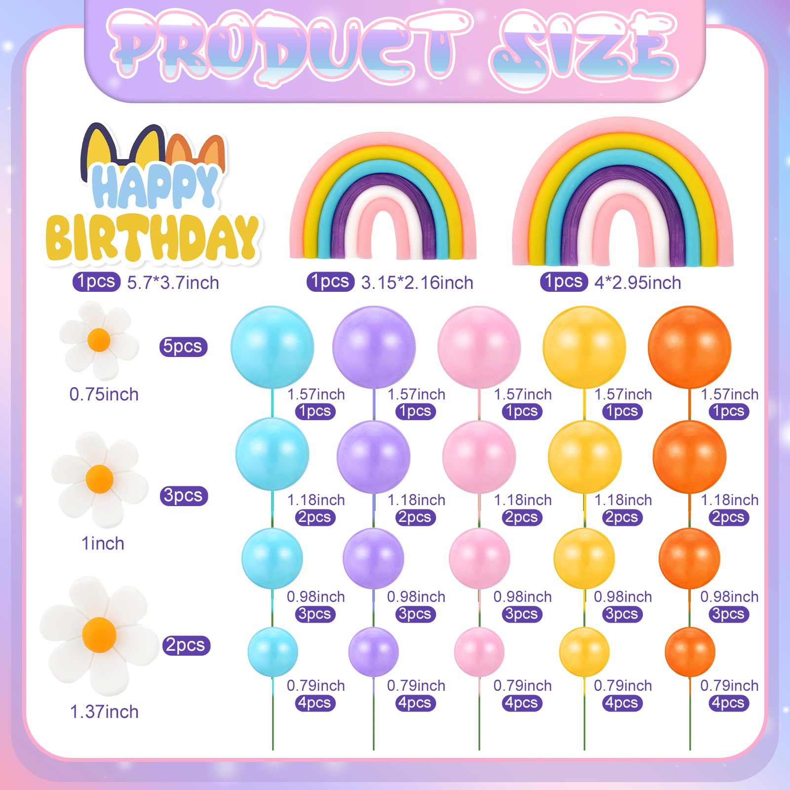 ProSuites 63 Pcs Cake Toppers – Daisy Rainbow, Ball & Dog Ear Set for Parties