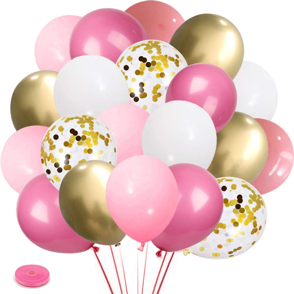 Przyjecie Pink Gold White Latex Balloons – 61 Pc Confetti Party Kit for Girl's Birthday, Mother's Day & More