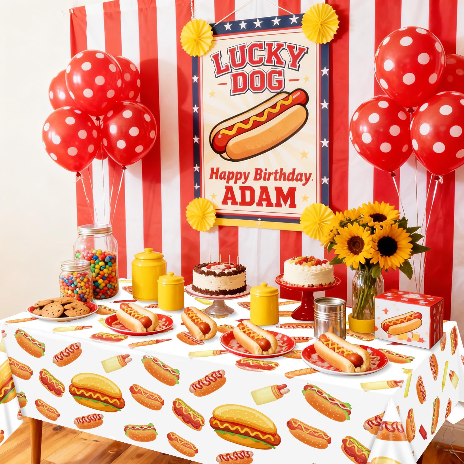 PTECDROTS 4Pcs Hot Dog Tablecloths – Rectangular 51x86in for BBQ, Birthday & Picnic Parties