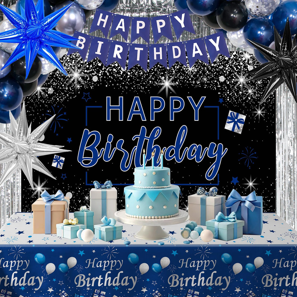 Puchod Blue & Black Birthday Decorations Kit – Backdrop, Table Cover, Balloons & Confetti