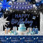 Puchod Blue & Black Birthday Decorations Kit – Backdrop, Table Cover, Balloons & Confetti