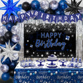 Puchod Blue & Black Birthday Decorations Kit – Backdrop, Table Cover, Balloons & Confetti
