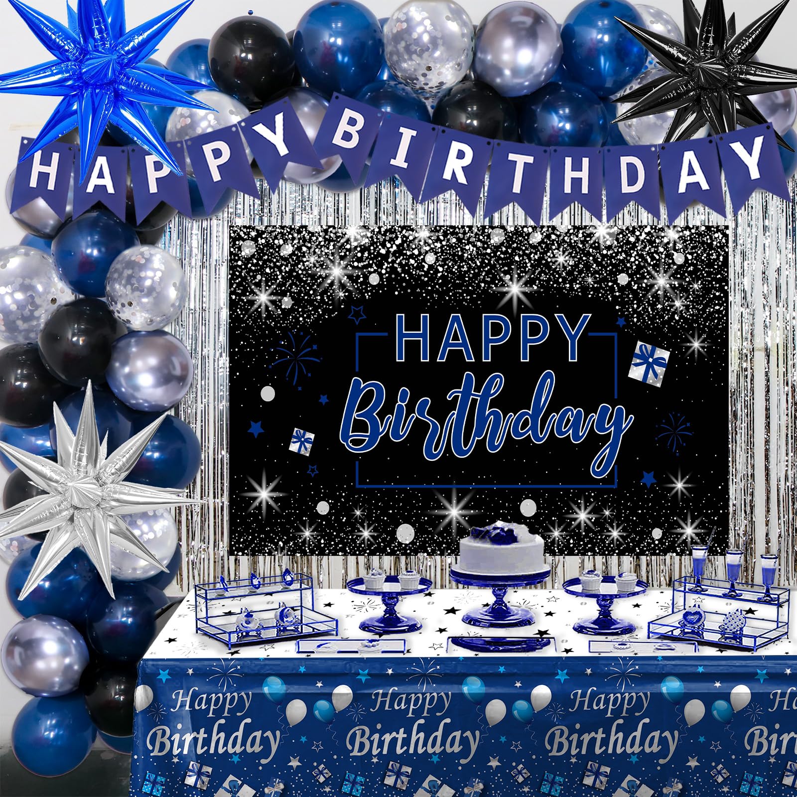 Puchod Blue & Black Birthday Decorations Kit – Backdrop, Table Cover, Balloons & Confetti