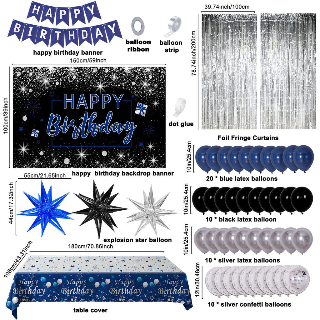 Puchod Blue & Black Birthday Decorations Kit – Backdrop, Table Cover, Balloons & Confetti