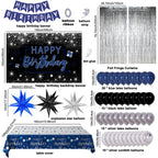 Puchod Blue & Black Birthday Decorations Kit – Backdrop, Table Cover, Balloons & Confetti