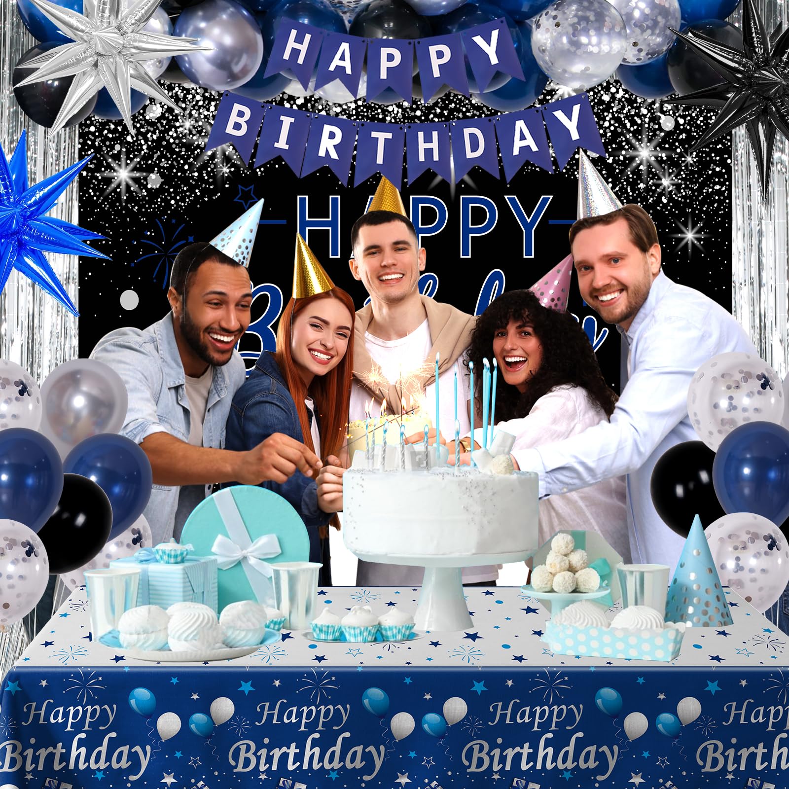 Puchod Blue & Black Birthday Decorations Kit – Backdrop, Table Cover, Balloons & Confetti