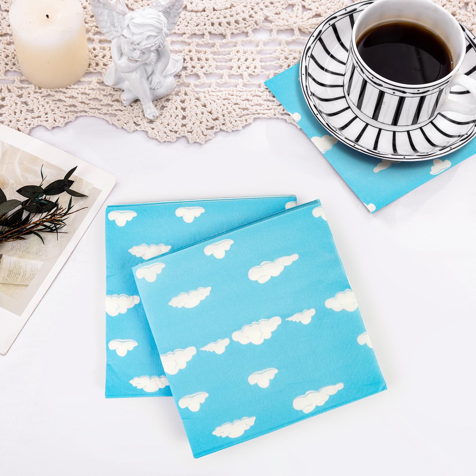 PUEVENYI 40Pcs Blue Sky Clouds Napkins – 6.5x6.5” Disposable Luncheon Napkins for Kids Parties