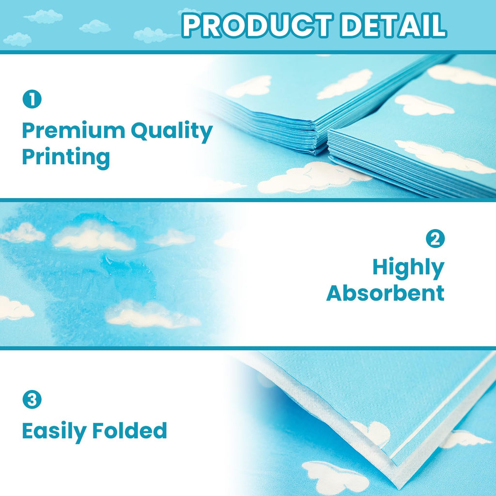 PUEVENYI 40Pcs Blue Sky Clouds Napkins – 6.5x6.5” Disposable Luncheon Napkins for Kids Parties