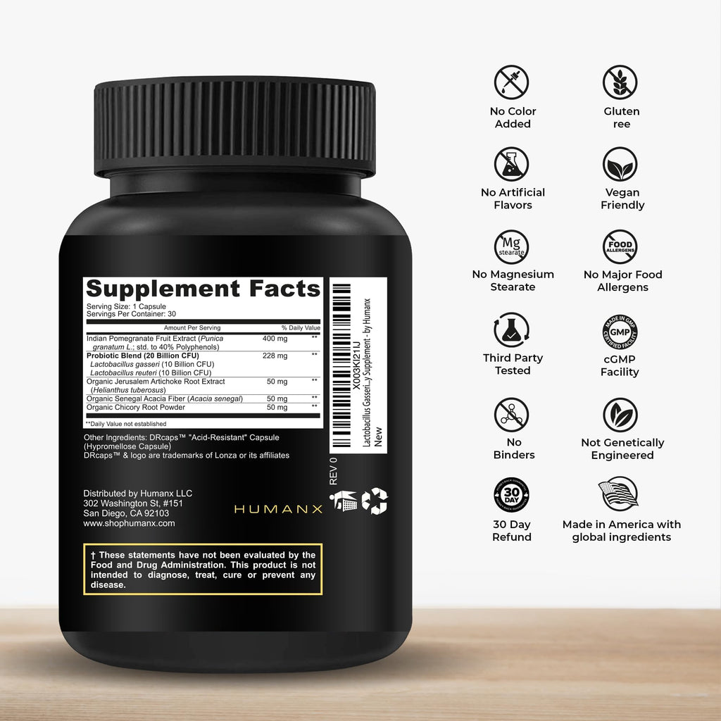 HUMANX Lactobacillus Gasseri & Reuteri+ 20 Mrd. KBE Probiotikum – Bio-Präbiotika & Punicalagine – Hergestellt in den USA