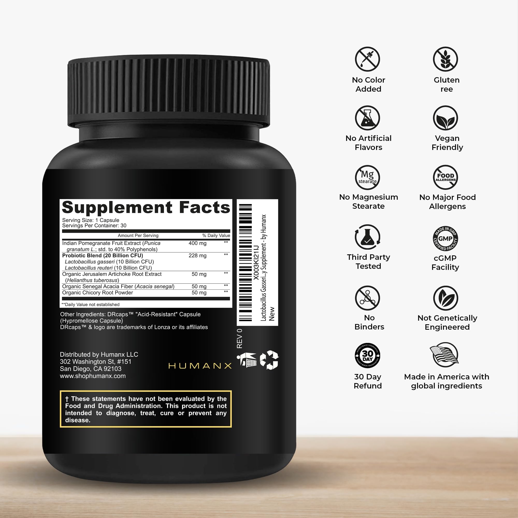 HUMANX Lactobacillus Gasseri & Reuteri+ 20 Mrd. KBE Probiotikum – Bio-Präbiotika & Punicalagine – Hergestellt in den USA