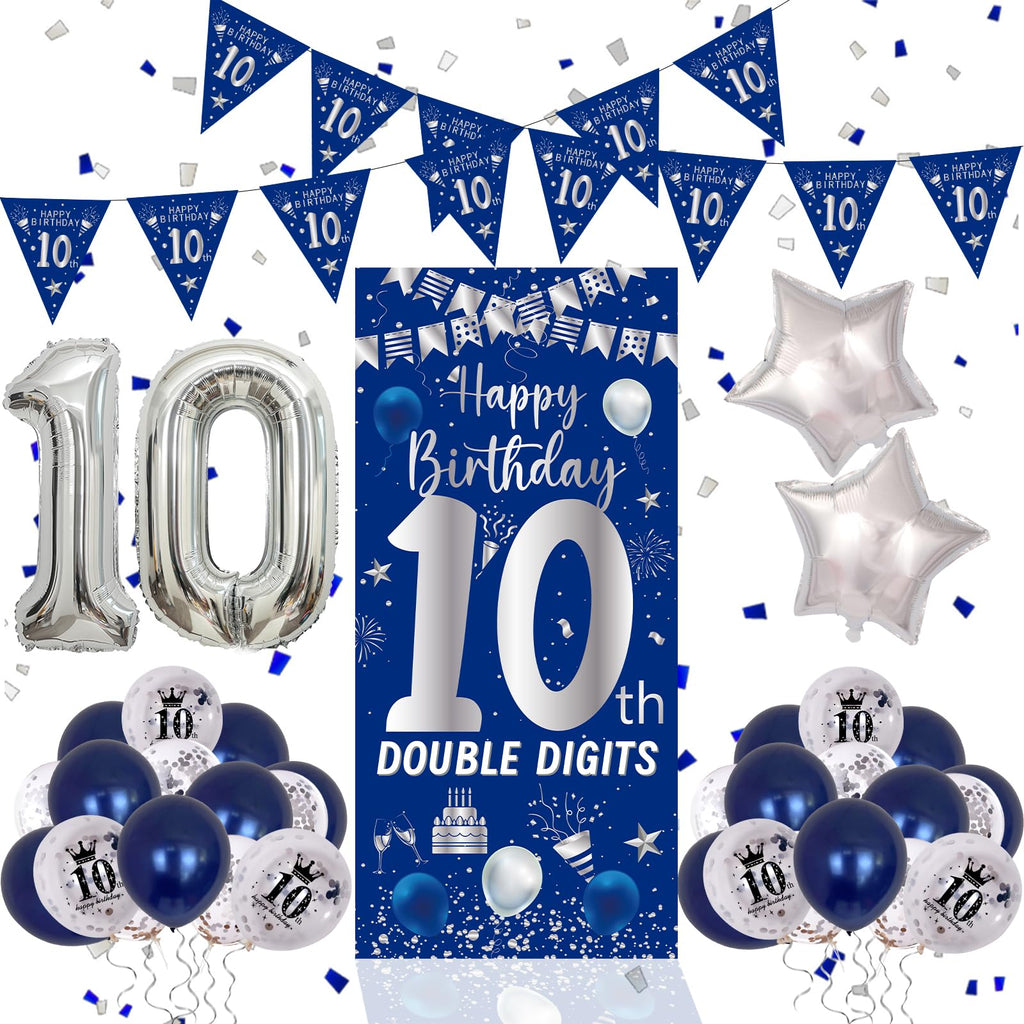 Purtarly 10th Birthday Decorations – Navy Blue & Silver Door Banner Kit