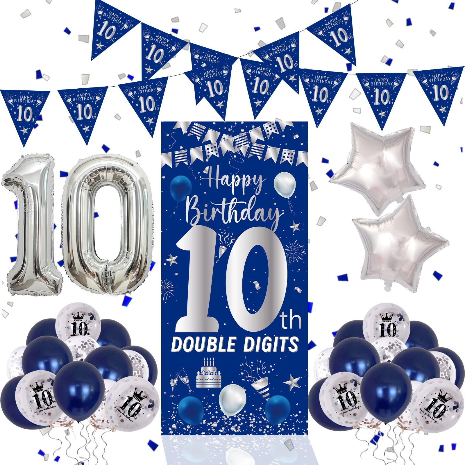Purtarly 10th Birthday Decorations – Navy Blue & Silver Door Banner Kit