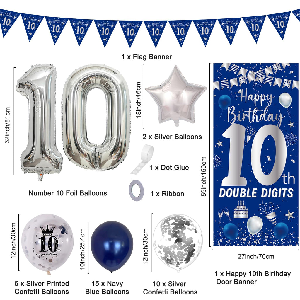 Purtarly 10th Birthday Decorations – Navy Blue & Silver Door Banner Kit