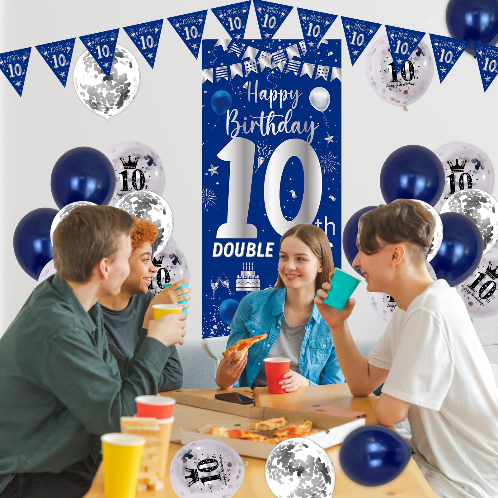 Purtarly 10th Birthday Decorations – Navy Blue & Silver Door Banner Kit