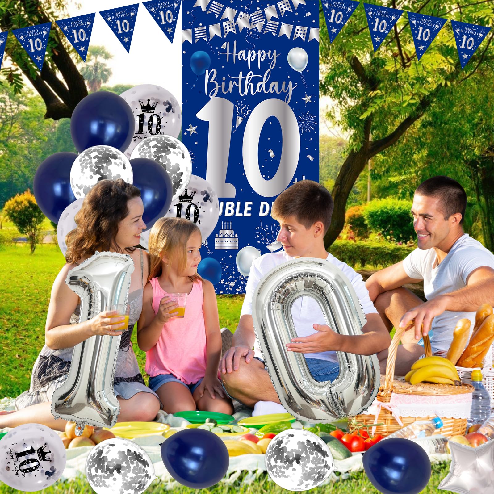 Purtarly 10th Birthday Decorations – Navy Blue & Silver Door Banner Kit