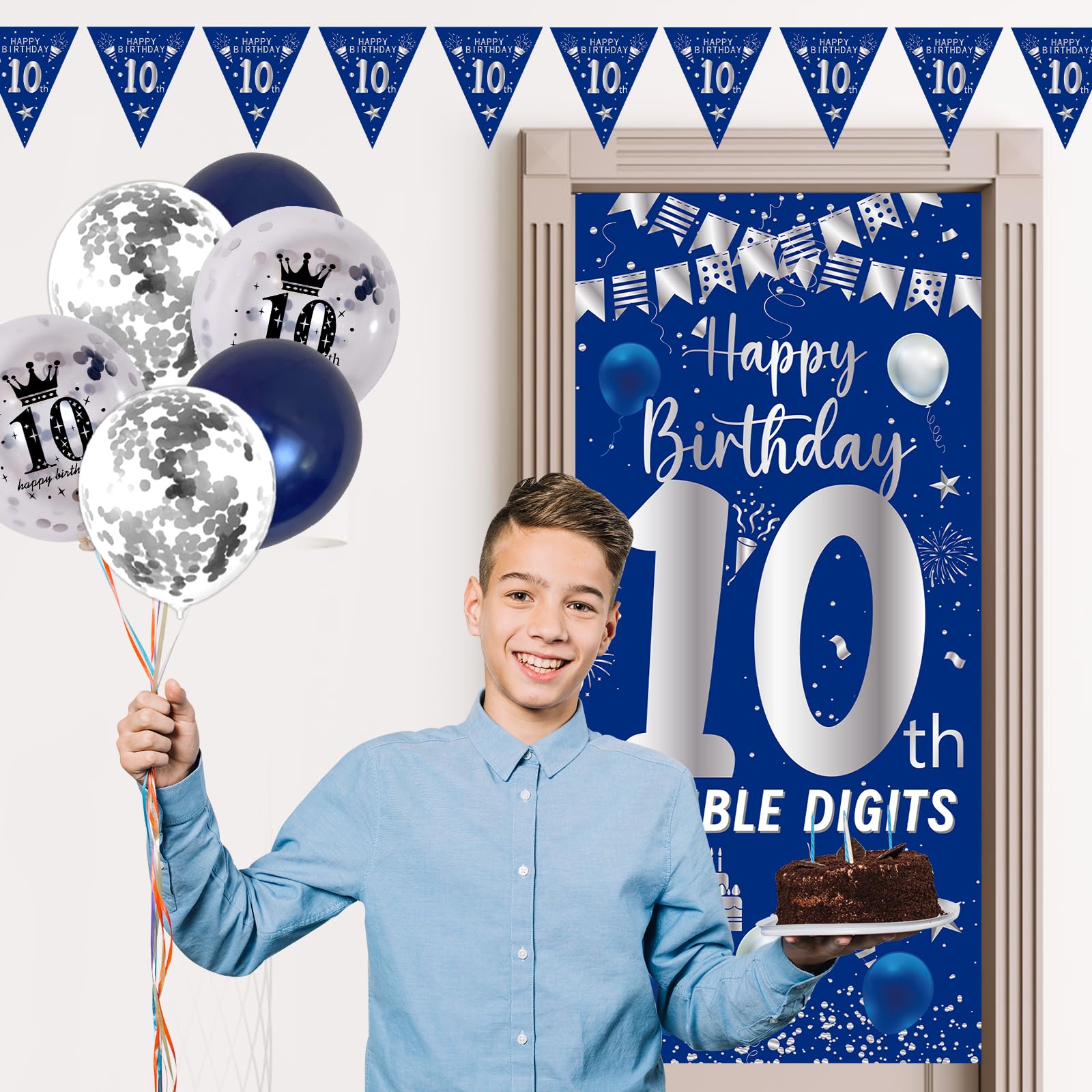 Purtarly 10th Birthday Decorations – Navy Blue & Silver Door Banner Kit