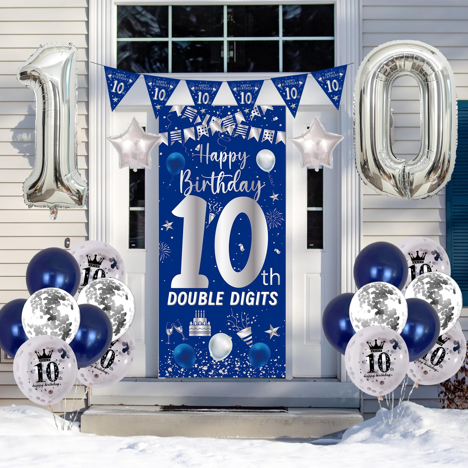 Purtarly 10th Birthday Decorations – Navy Blue & Silver Door Banner Kit