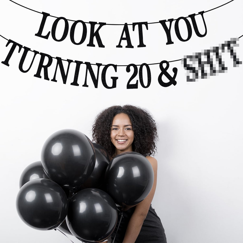 PYBHILK Black Glitter Look at You Turning 20 Banner — 20th Birthday Decor