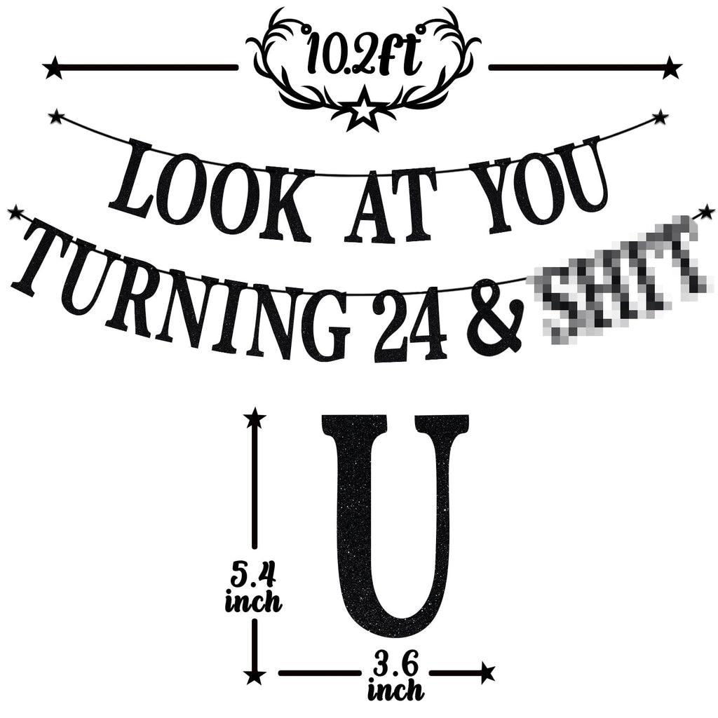 PYBHILK Black Glitter Look at You Turning 24 Banner — 24th Birthday Party Decor