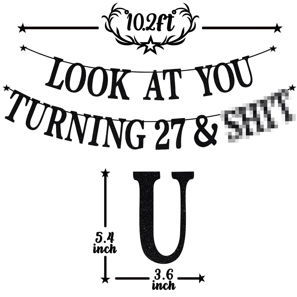 PYBHILK Black Glitter Look at You Turning 27 Banner – 27th Birthday Decor, Level 27 Unlocked