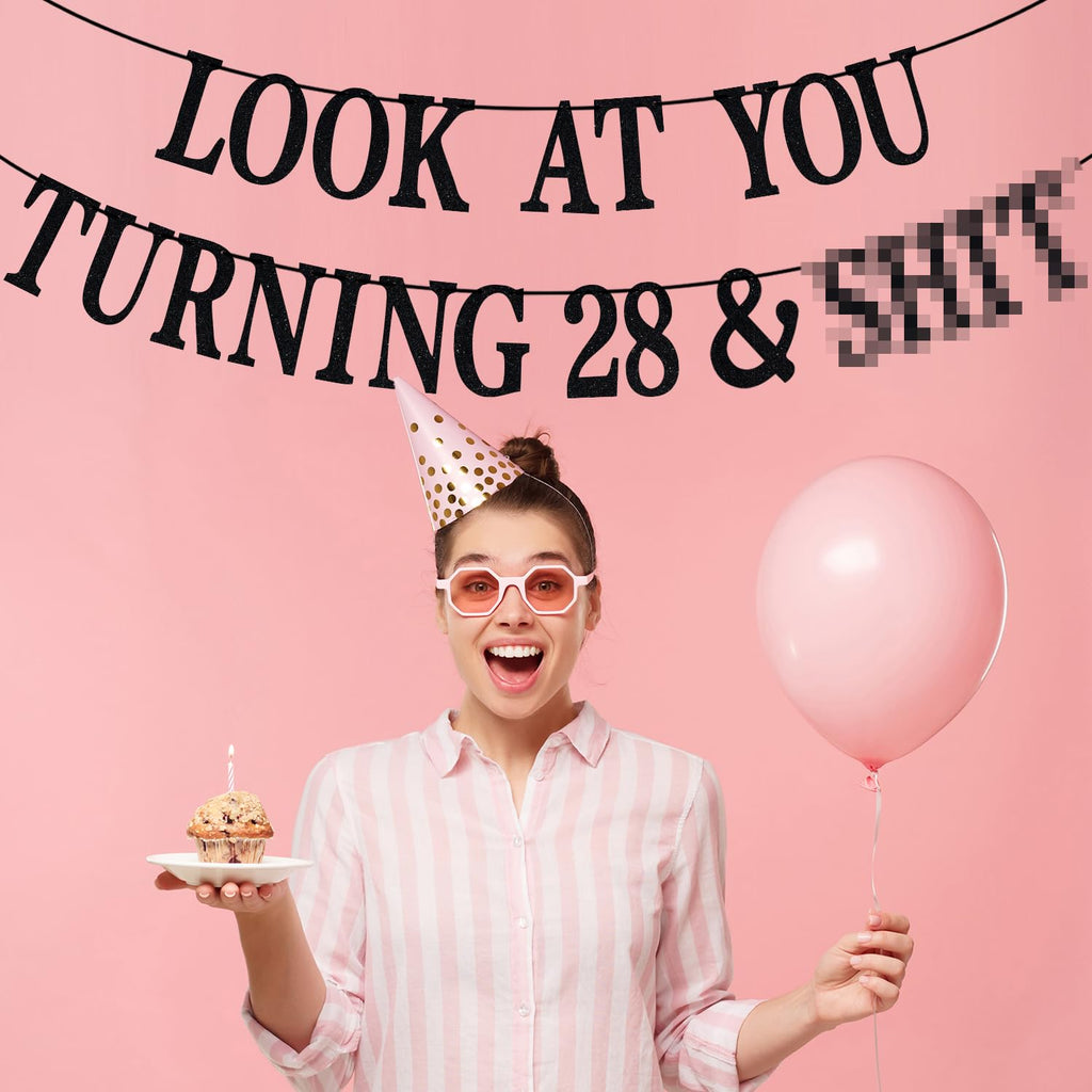 PYBHILK Black Glitter Look at You Turning 28 Banner – 28th Birthday Party Decorations