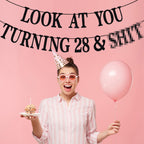 PYBHILK Black Glitter Look at You Turning 28 Banner – 28th Birthday Party Decorations