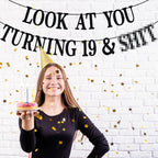 PYBHILK Black Glitter Banner – Look at You Turning 19 & Sh*t | 19th Birthday Decor