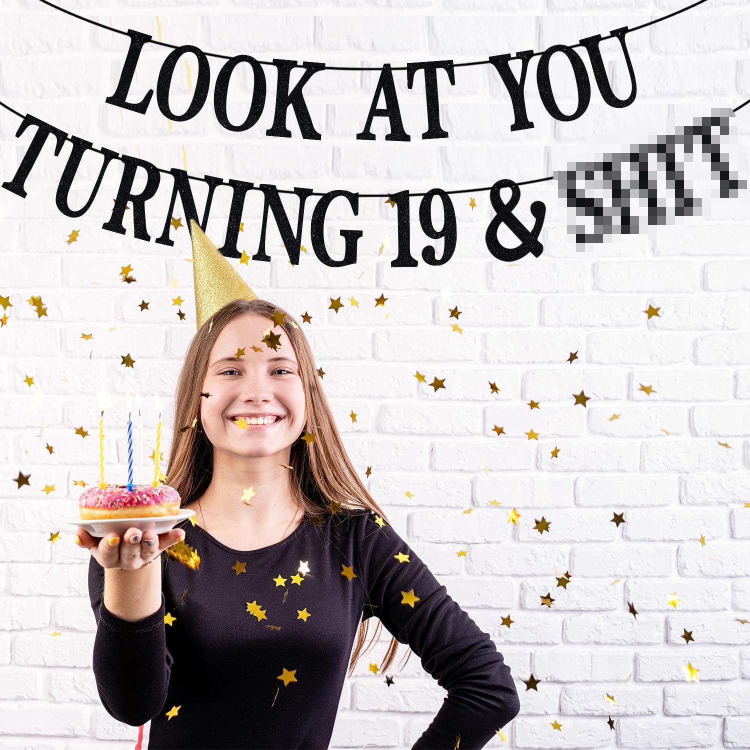 PYBHILK Black Glitter Banner – Look at You Turning 19 & Sh*t | 19th Birthday Decor