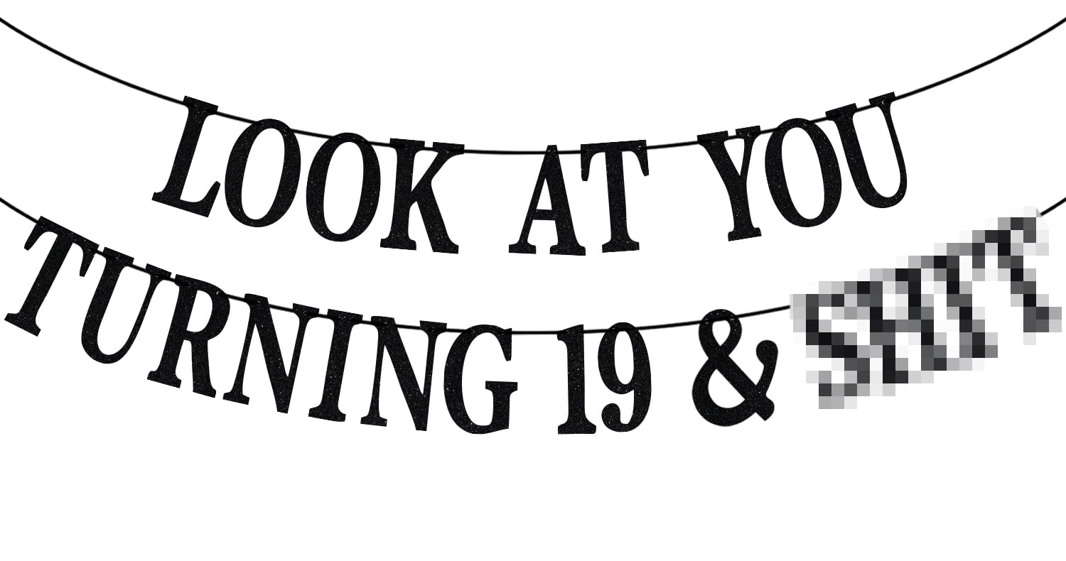PYBHILK Black Glitter Banner – Look at You Turning 19 & Sh*t | 19th Birthday Decor