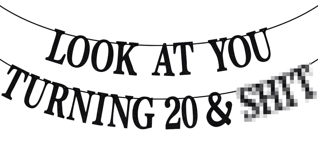 PYBHILK Black Glitter Look at You Turning 20 Banner — 20th Birthday Decor