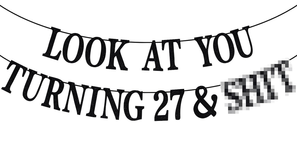 PYBHILK Black Glitter Look at You Turning 27 Banner – 27th Birthday Decor, Level 27 Unlocked