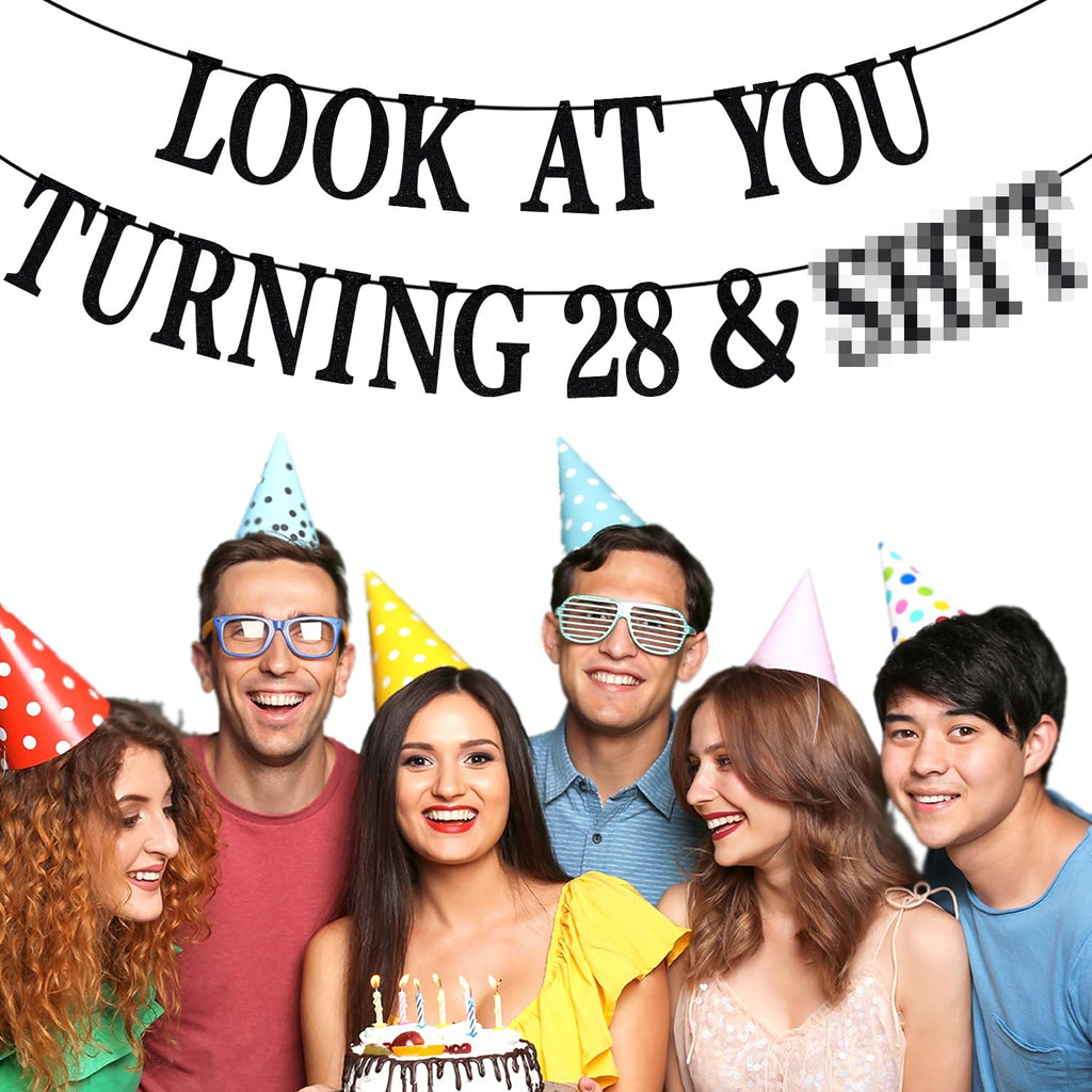 PYBHILK Black Glitter Look at You Turning 28 Banner – 28th Birthday Party Decorations