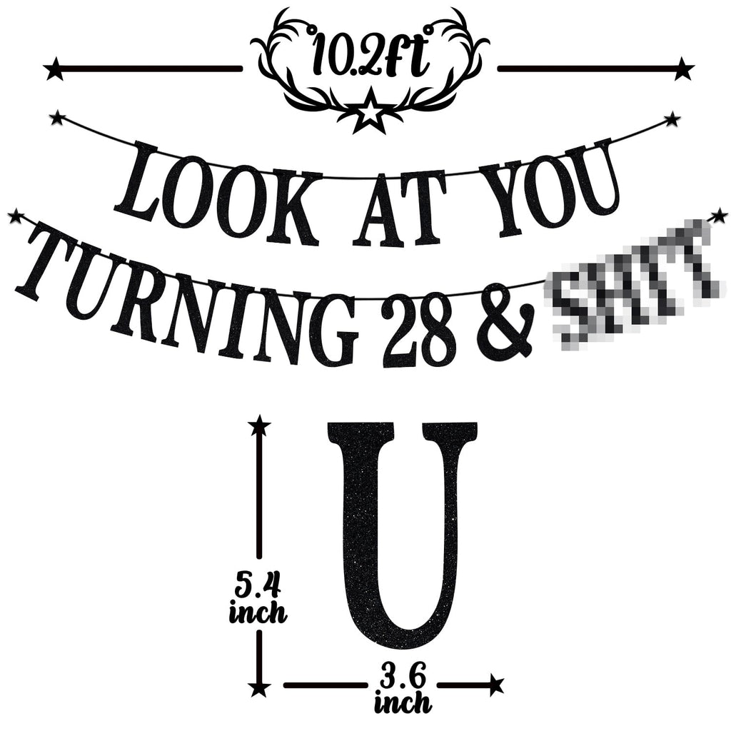 PYBHILK Black Glitter Look at You Turning 28 Banner – 28th Birthday Party Decorations