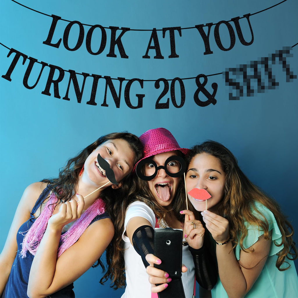 PYBHILK Black Glitter Look at You Turning 20 Banner — 20th Birthday Decor