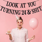PYBHILK Black Glitter Look at You Turning 24 Banner — 24th Birthday Party Decor