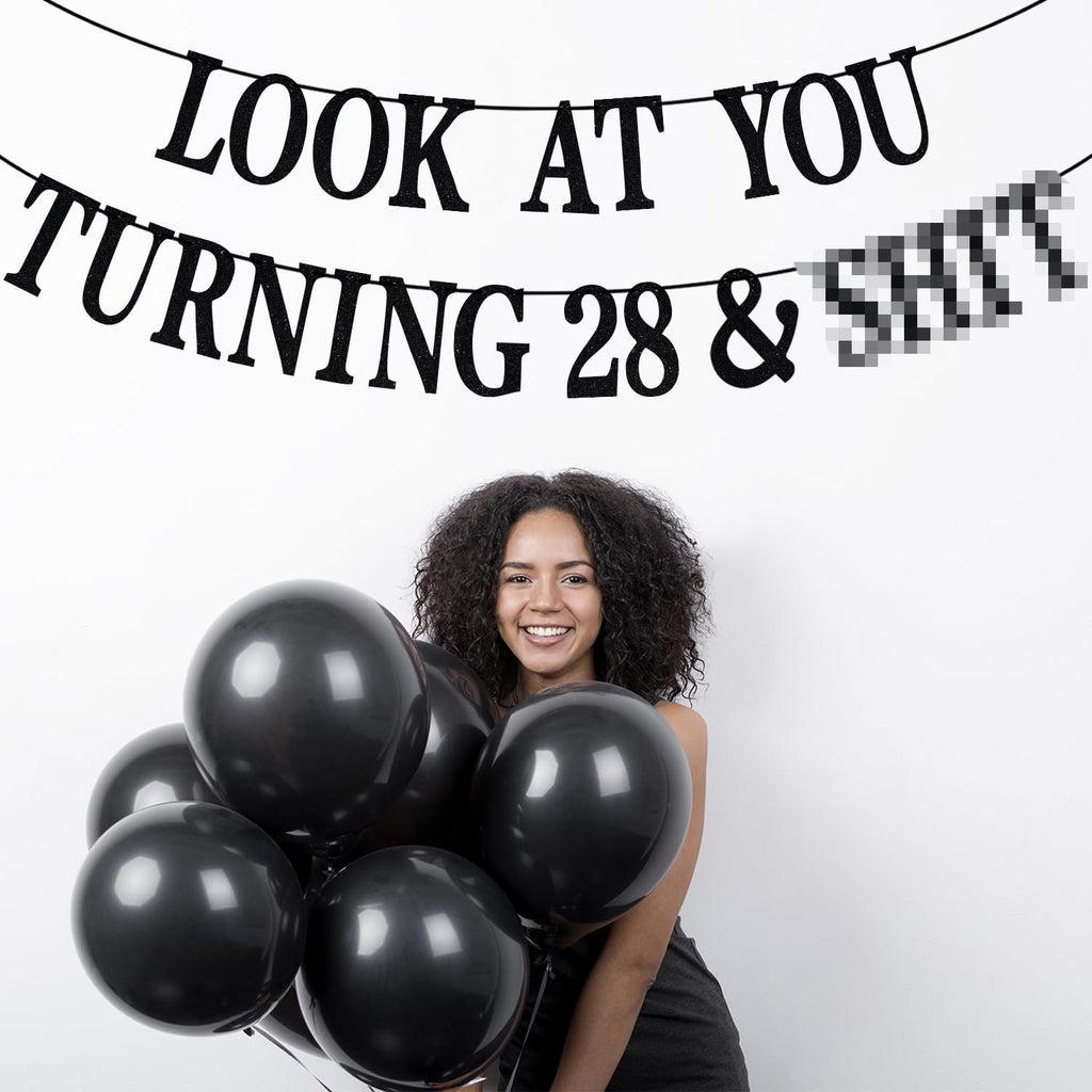 PYBHILK Black Glitter Look at You Turning 28 Banner – 28th Birthday Party Decorations