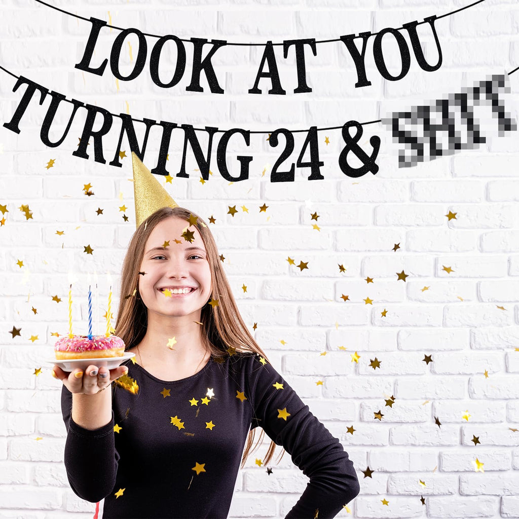 PYBHILK Black Glitter Look at You Turning 24 Banner — 24th Birthday Party Decor