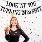 PYBHILK Black Glitter Look at You Turning 24 Banner — 24th Birthday Party Decor