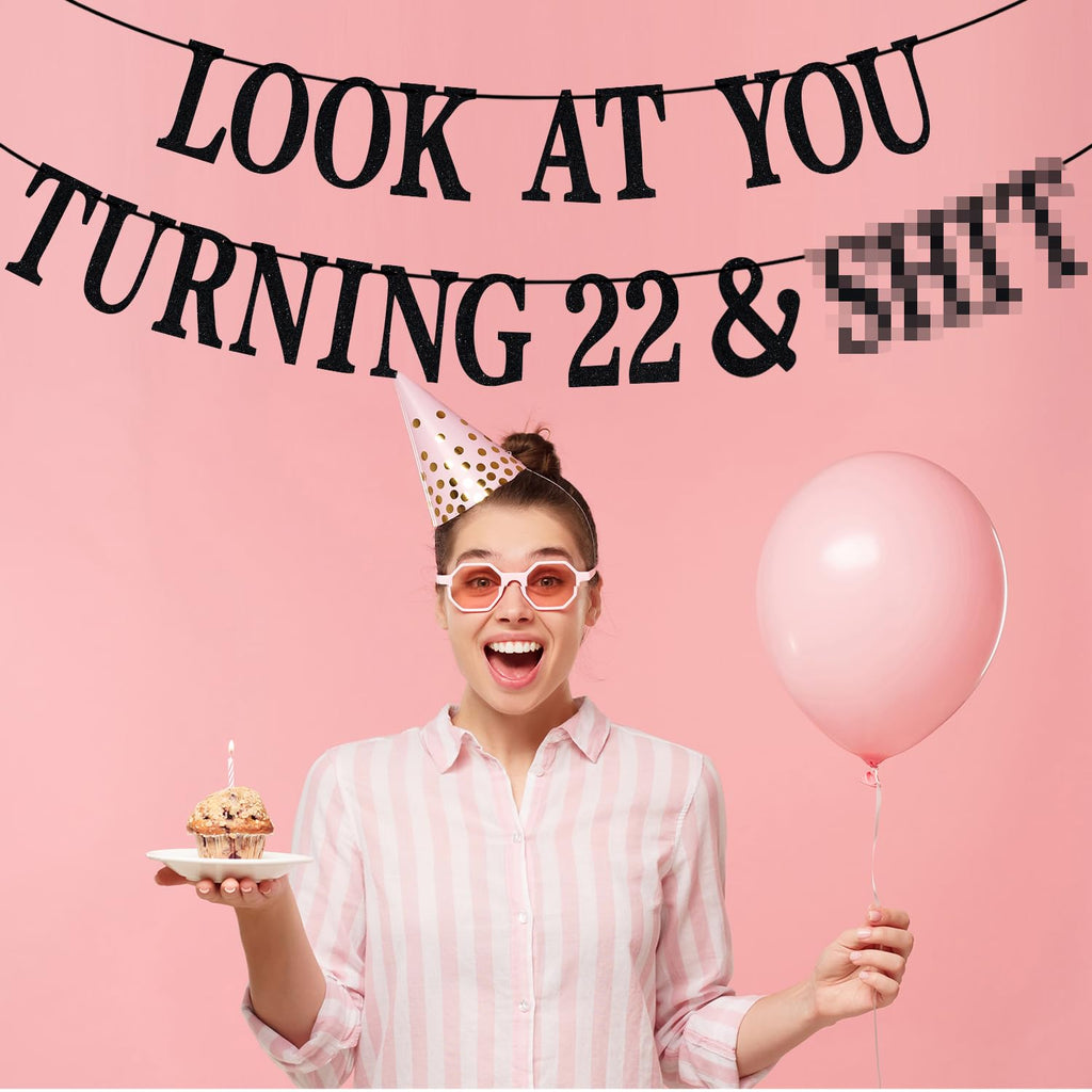 PYBHILK Black Glitter Look at You Turning 22 Banner – 22nd Birthday Decor