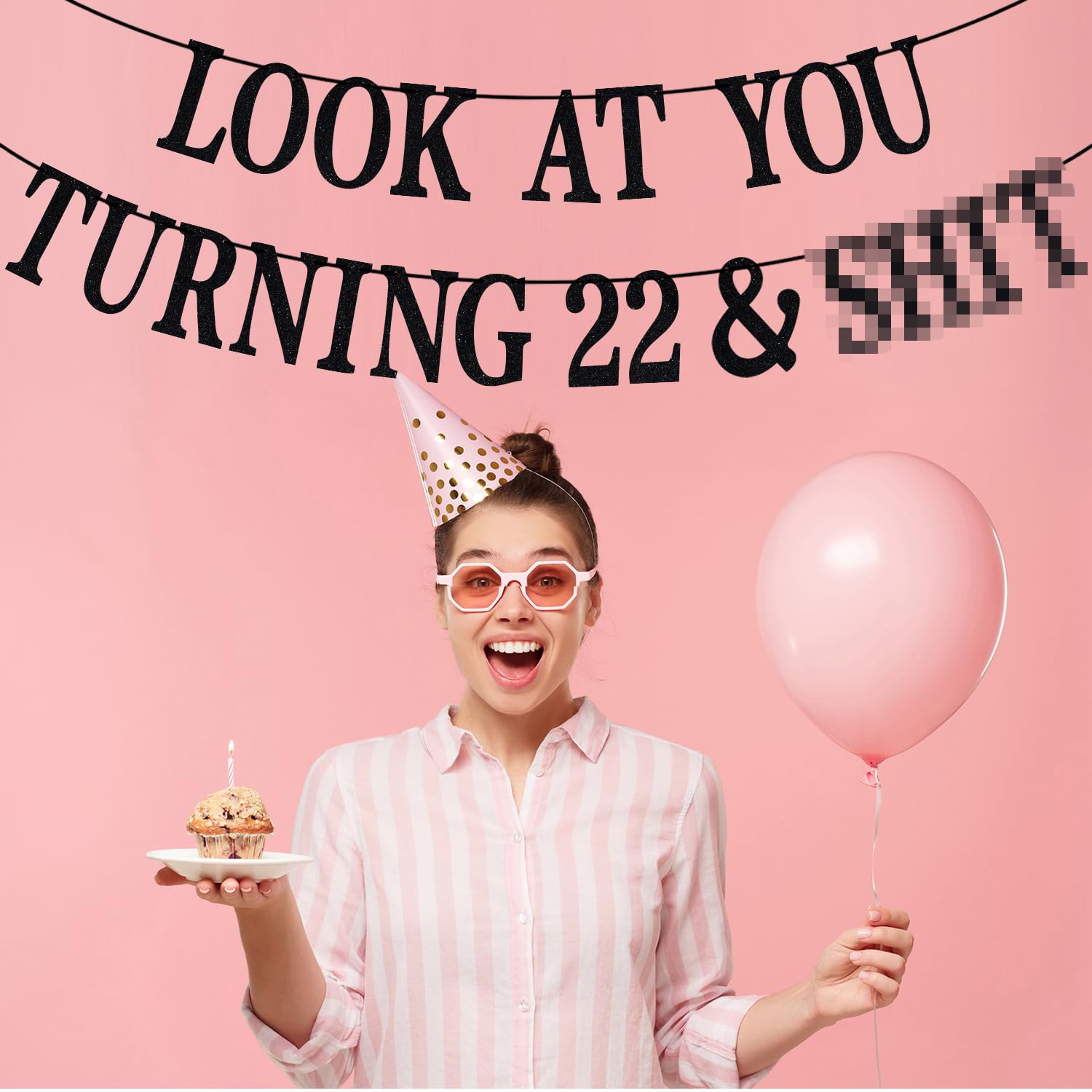 PYBHILK Black Glitter Look at You Turning 22 Banner – 22nd Birthday Decor