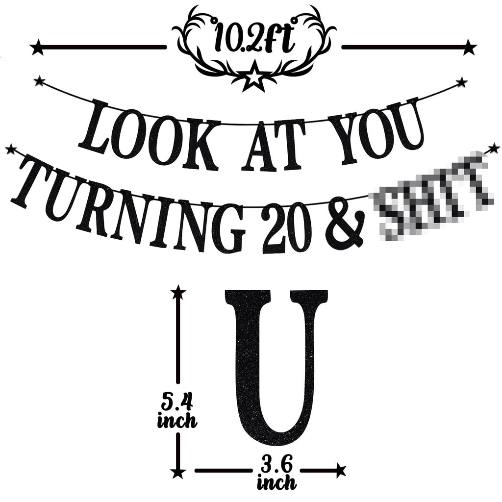 PYBHILK Black Glitter Look at You Turning 20 Banner — 20th Birthday Decor