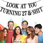 PYBHILK Black Glitter Look at You Turning 27 Banner – 27th Birthday Decor, Level 27 Unlocked