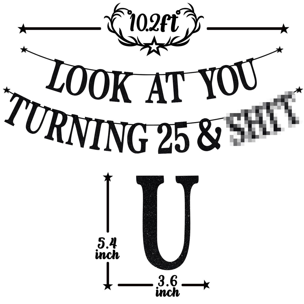 PYBHILK Black Glitter Look at You Turning 25 Banner — Happy 25th Birthday Party Decor | Level 25 Unlocked