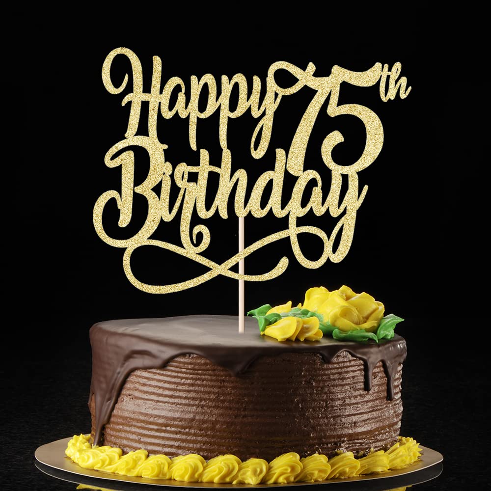Qertesl Gold Glitter Happy 75th Birthday Cake Topper - 75th Birthday & Anniversary Decoration