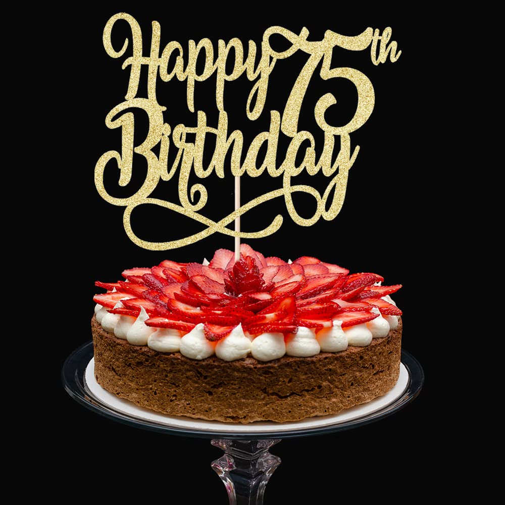 Qertesl Gold Glitter Happy 75th Birthday Cake Topper - 75th Birthday & Anniversary Decoration