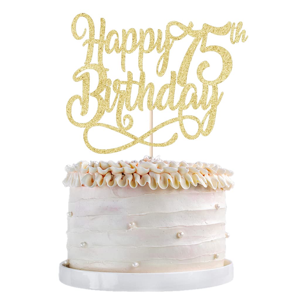 Qertesl Gold Glitter Happy 75th Birthday Cake Topper - 75th Birthday & Anniversary Decoration