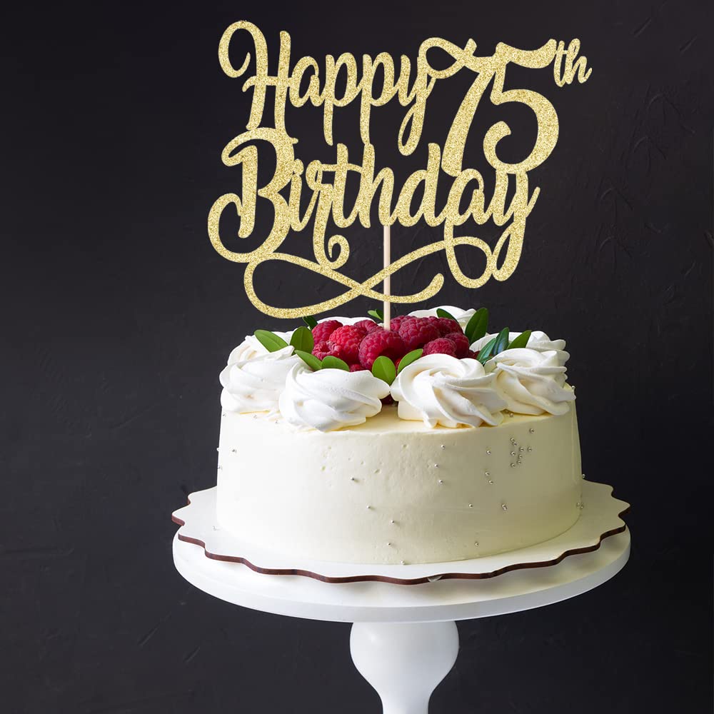 Qertesl Gold Glitter Happy 75th Birthday Cake Topper - 75th Birthday & Anniversary Decoration